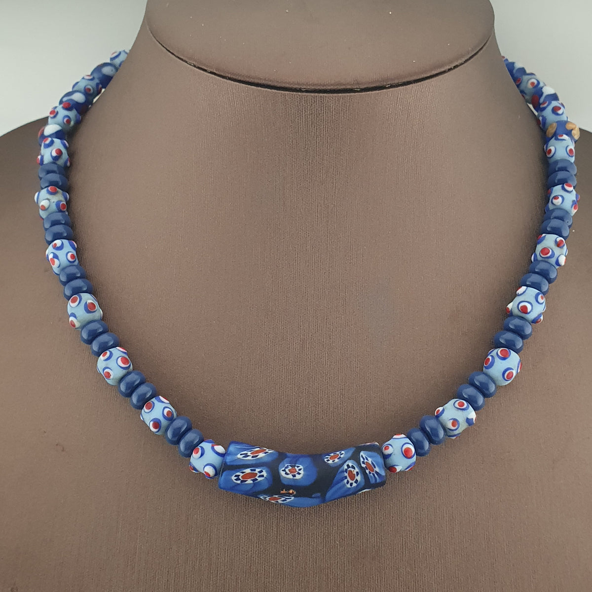 Vintage Venetian Style Skunk Eyes & Millefiori Glass Beads Necklace