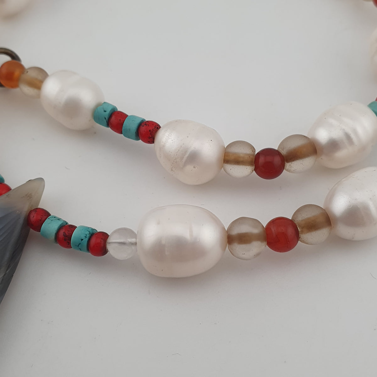 Vintage Freshwater Pearls & Carnelian Quartz Beads with Gray Natural Eye Agate Pendant Necklace