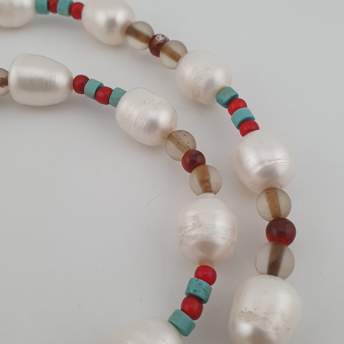 Vintage Freshwater Pearls & Carnelian Quartz Beads with Gray Natural Eye Agate Pendant Necklace