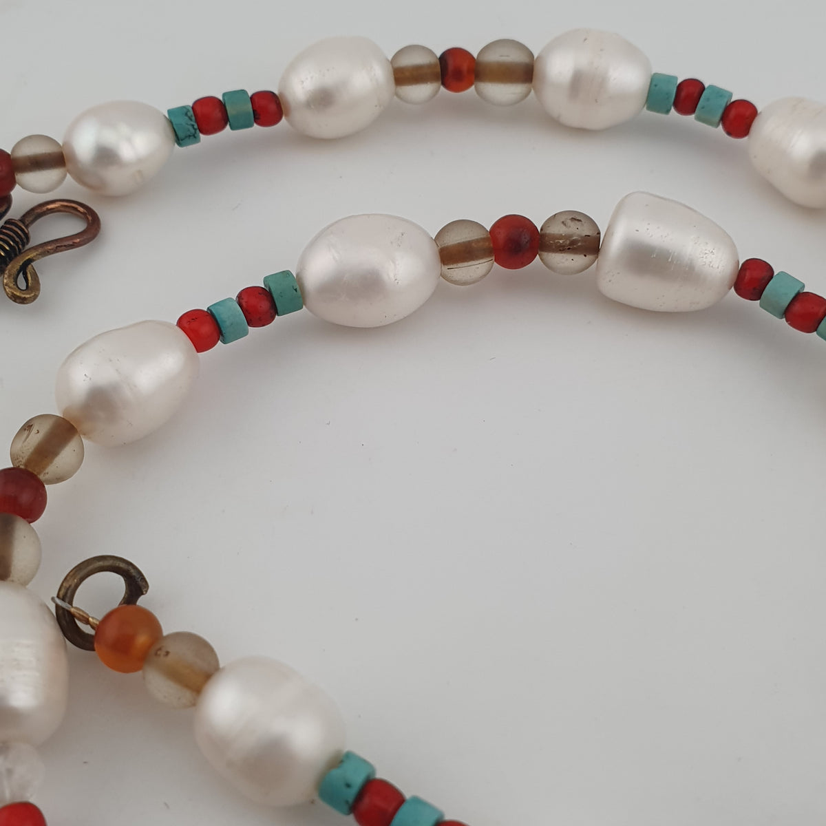Vintage Freshwater Pearls & Carnelian Quartz Beads with Gray Natural Eye Agate Pendant Necklace