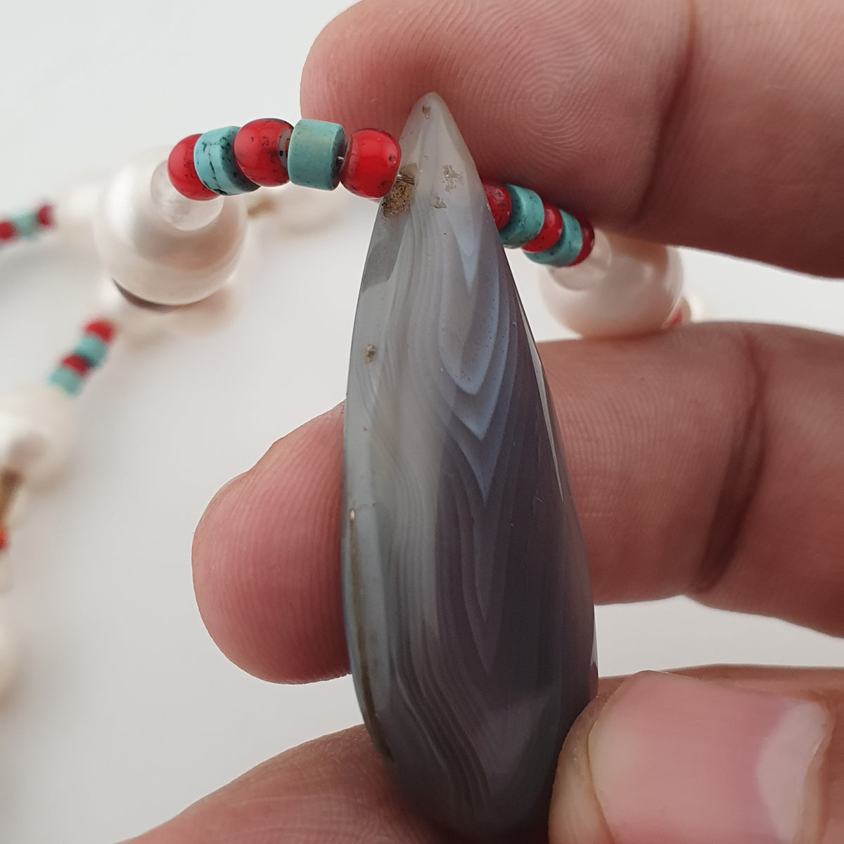 Vintage Freshwater Pearls & Carnelian Quartz Beads with Gray Natural Eye Agate Pendant Necklace
