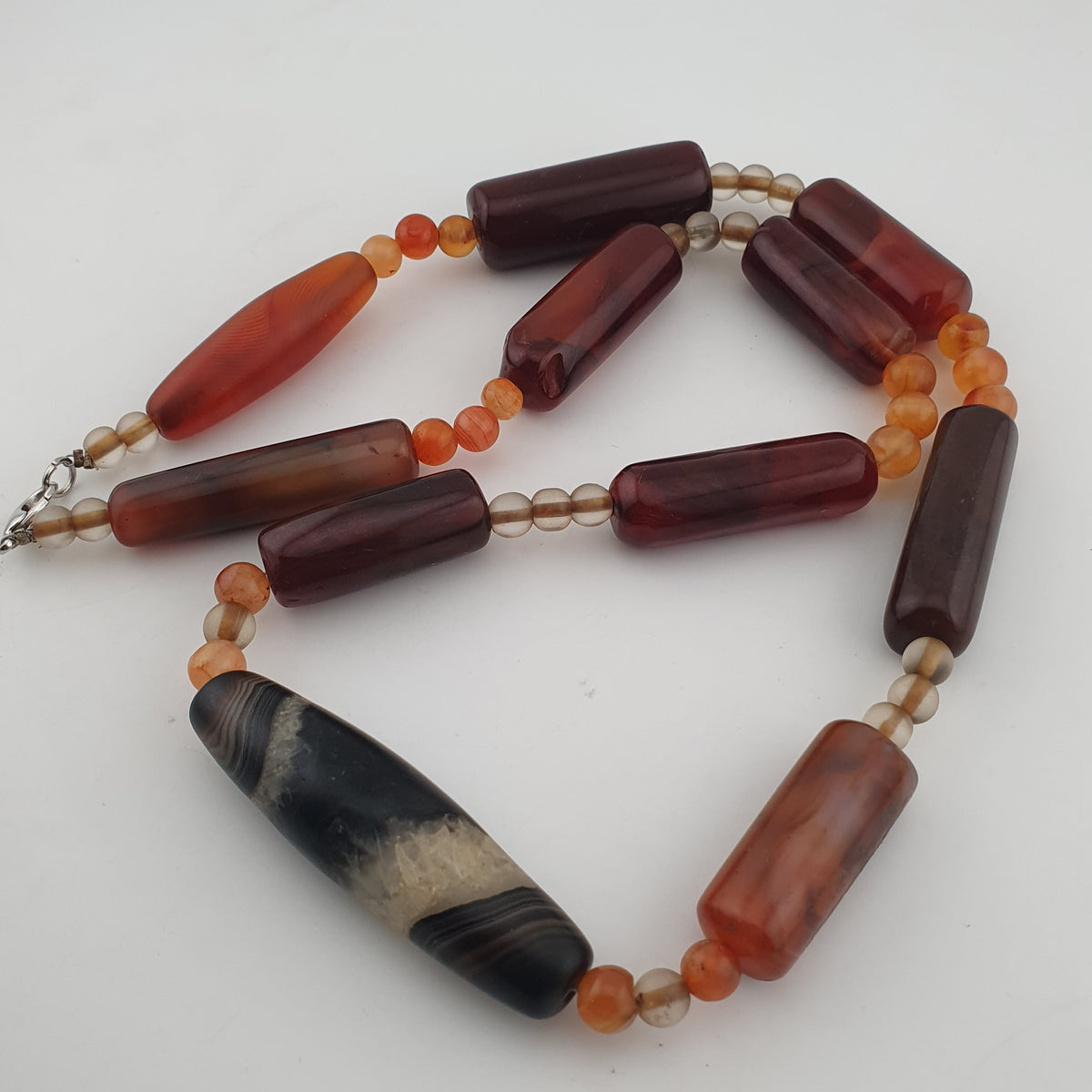 Vintage African Cylinder Shape Carnelian Agate With Natural Himalayan Eye Agate Pendant Necklace