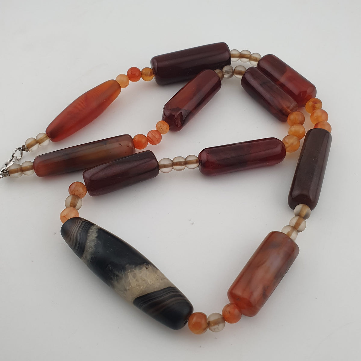 Vintage African Cylinder Shape Carnelian Agate With Natural Himalayan Eye Agate Pendant Necklace