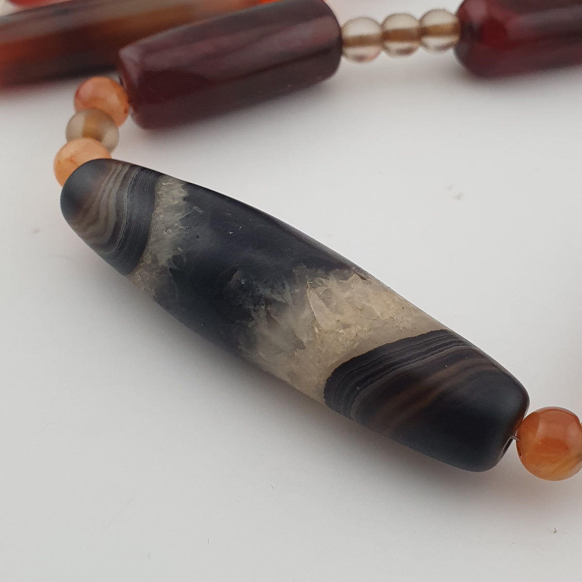 Vintage African Cylinder Shape Carnelian Agate With Natural Himalayan Eye Agate Pendant Necklace