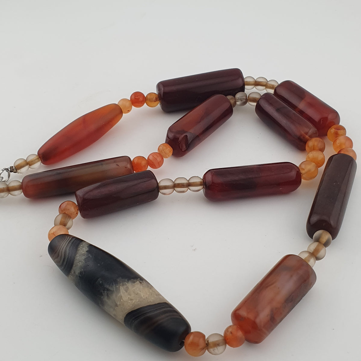 Vintage African Cylinder Shape Carnelian Agate With Natural Himalayan Eye Agate Pendant Necklace
