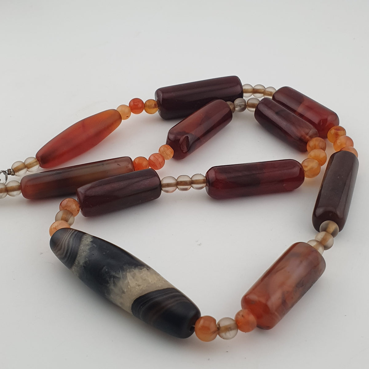 Vintage African Cylinder Shape Carnelian Agate With Natural Himalayan Eye Agate Pendant Necklace