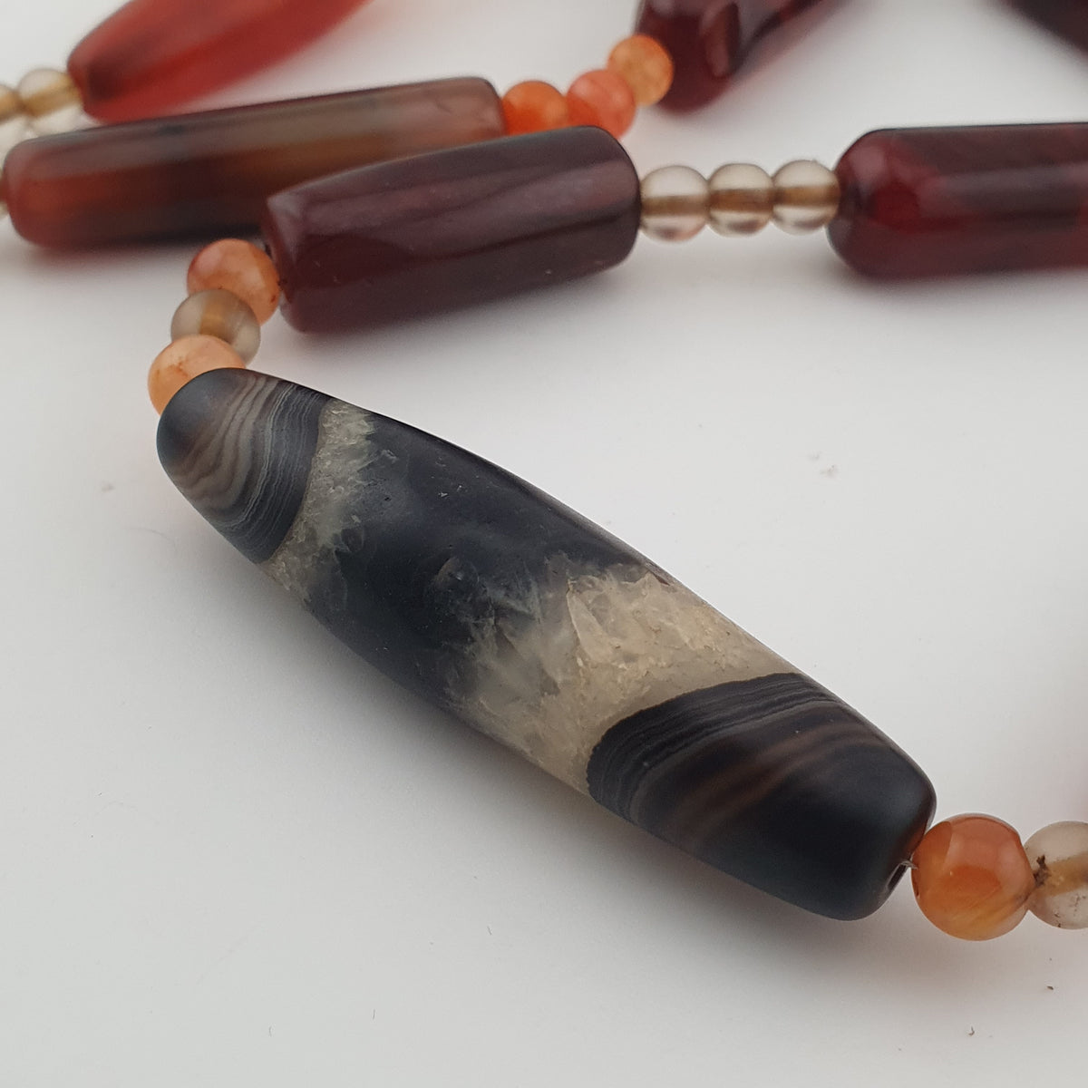 Vintage African Cylinder Shape Carnelian Agate With Natural Himalayan Eye Agate Pendant Necklace