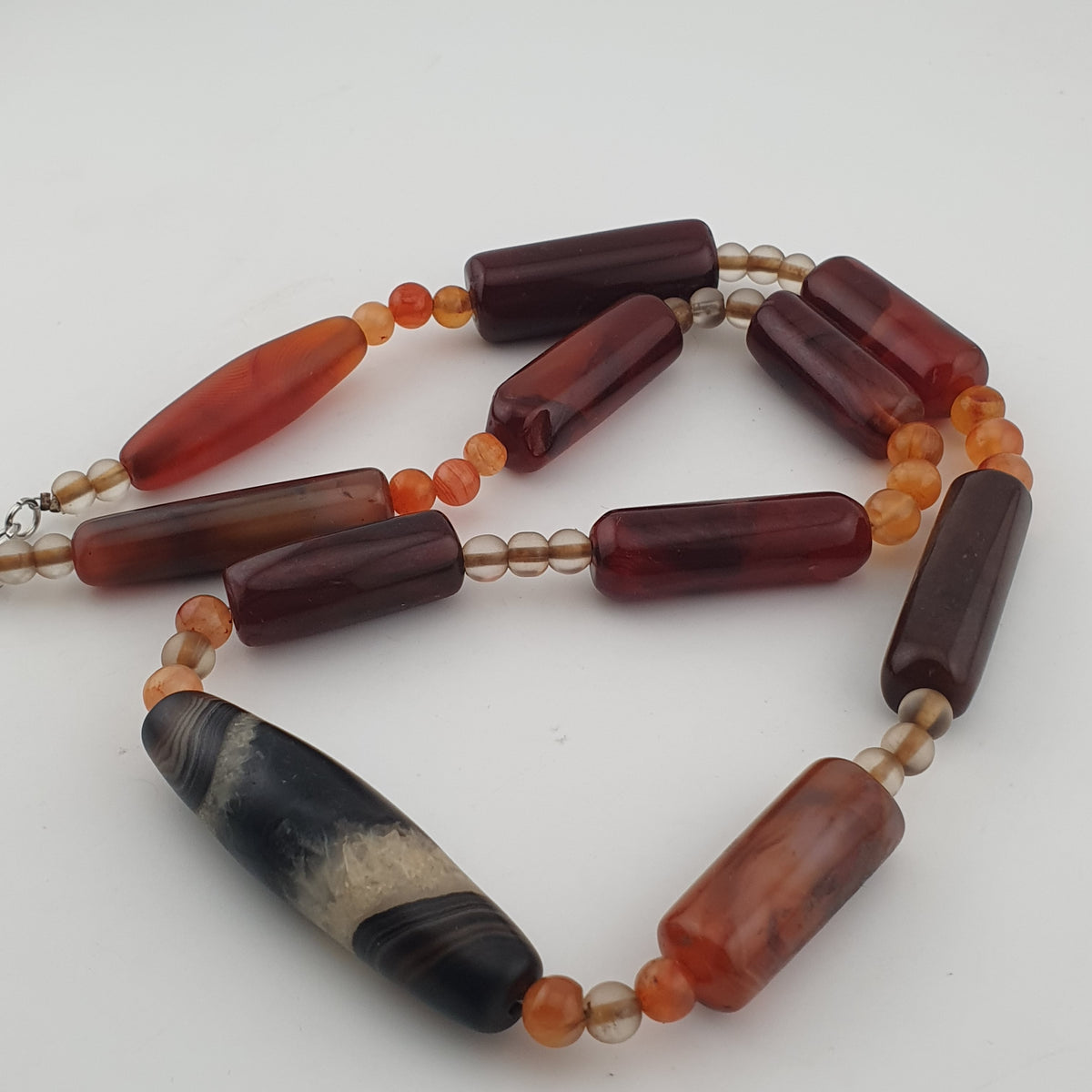 Vintage African Cylinder Shape Carnelian Agate With Natural Himalayan Eye Agate Pendant Necklace