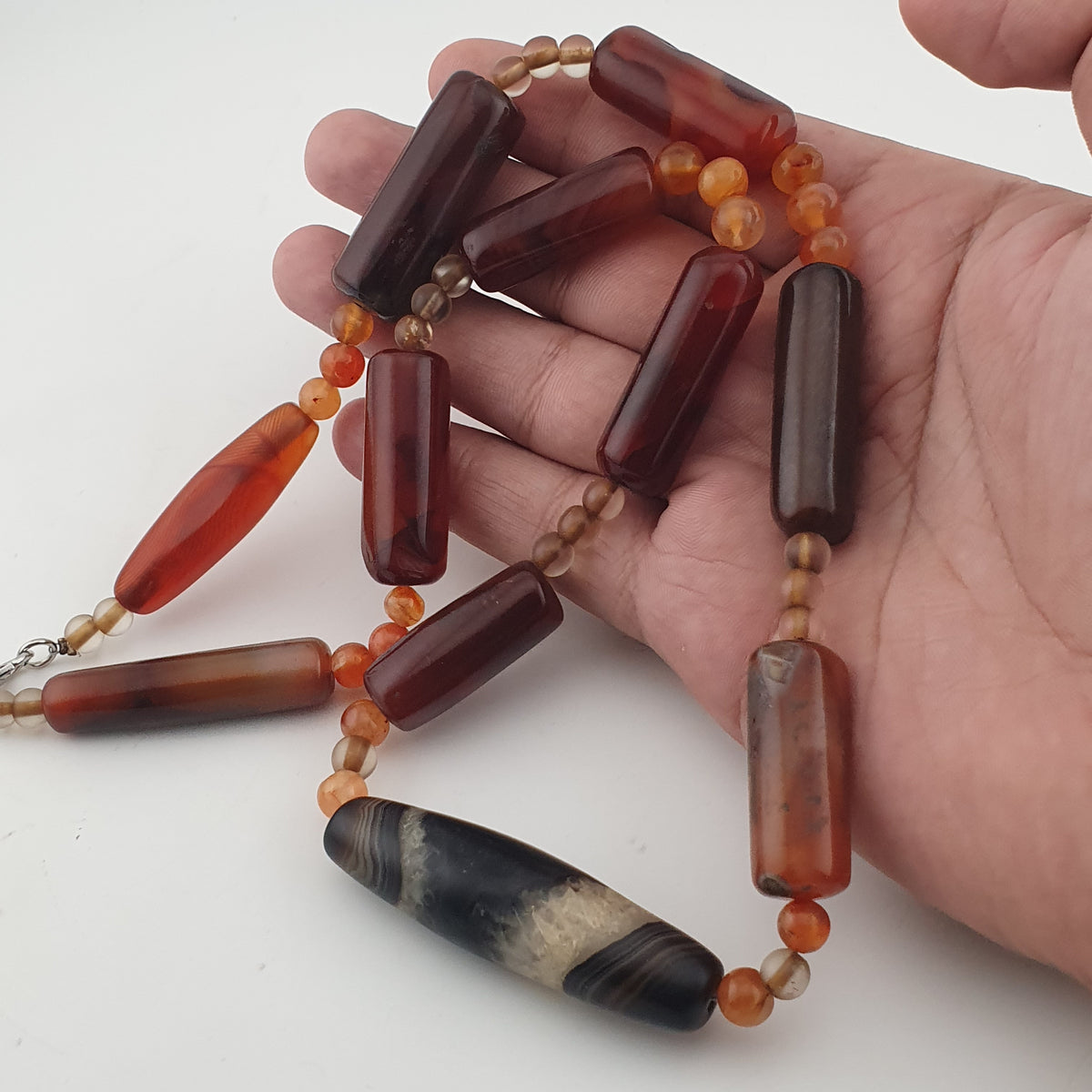 Vintage African Cylinder Shape Carnelian Agate With Natural Himalayan Eye Agate Pendant Necklace