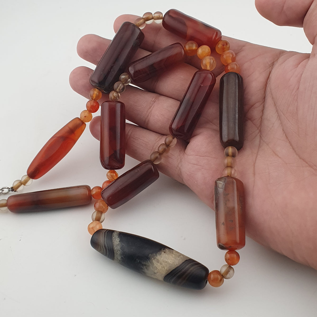 Vintage African Cylinder Shape Carnelian Agate With Natural Himalayan Eye Agate Pendant Necklace