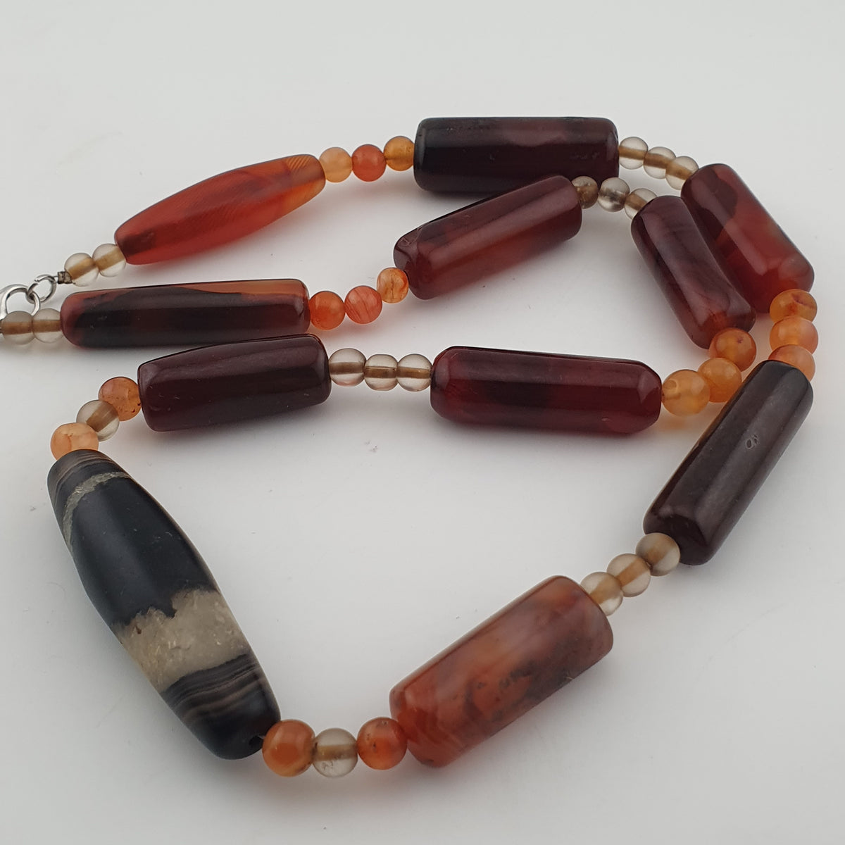 Vintage African Cylinder Shape Carnelian Agate With Natural Himalayan Eye Agate Pendant Necklace