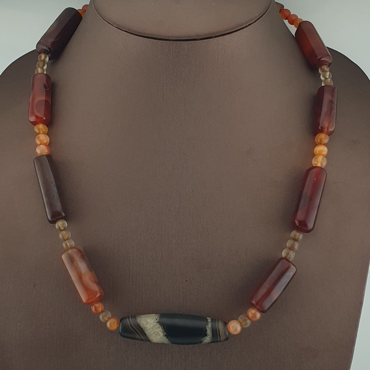 Vintage African Cylinder Shape Carnelian Agate With Natural Himalayan Eye Agate Pendant Necklace