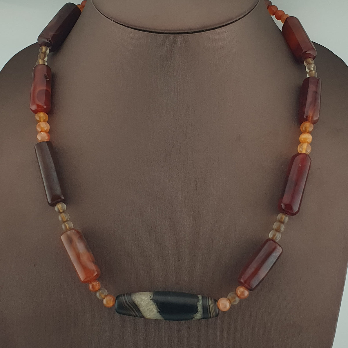 Vintage African Cylinder Shape Carnelian Agate With Natural Himalayan Eye Agate Pendant Necklace