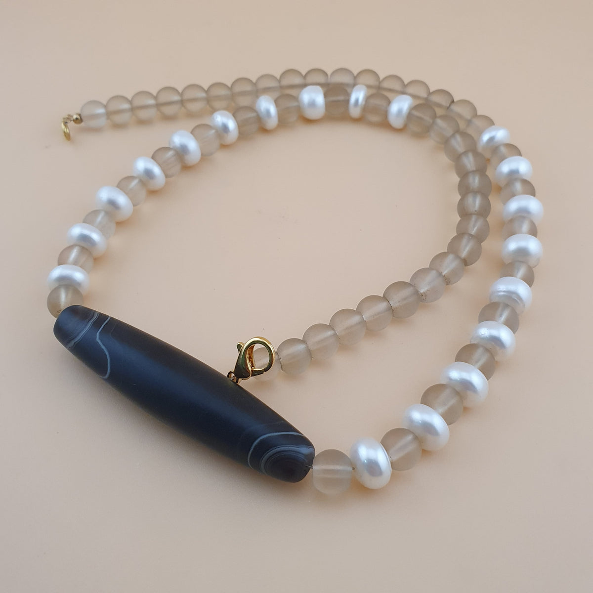 Vintage Himalayan Quartz & Authentic Pearls Necklace with Natural Eye Agate Pendant Necklace
