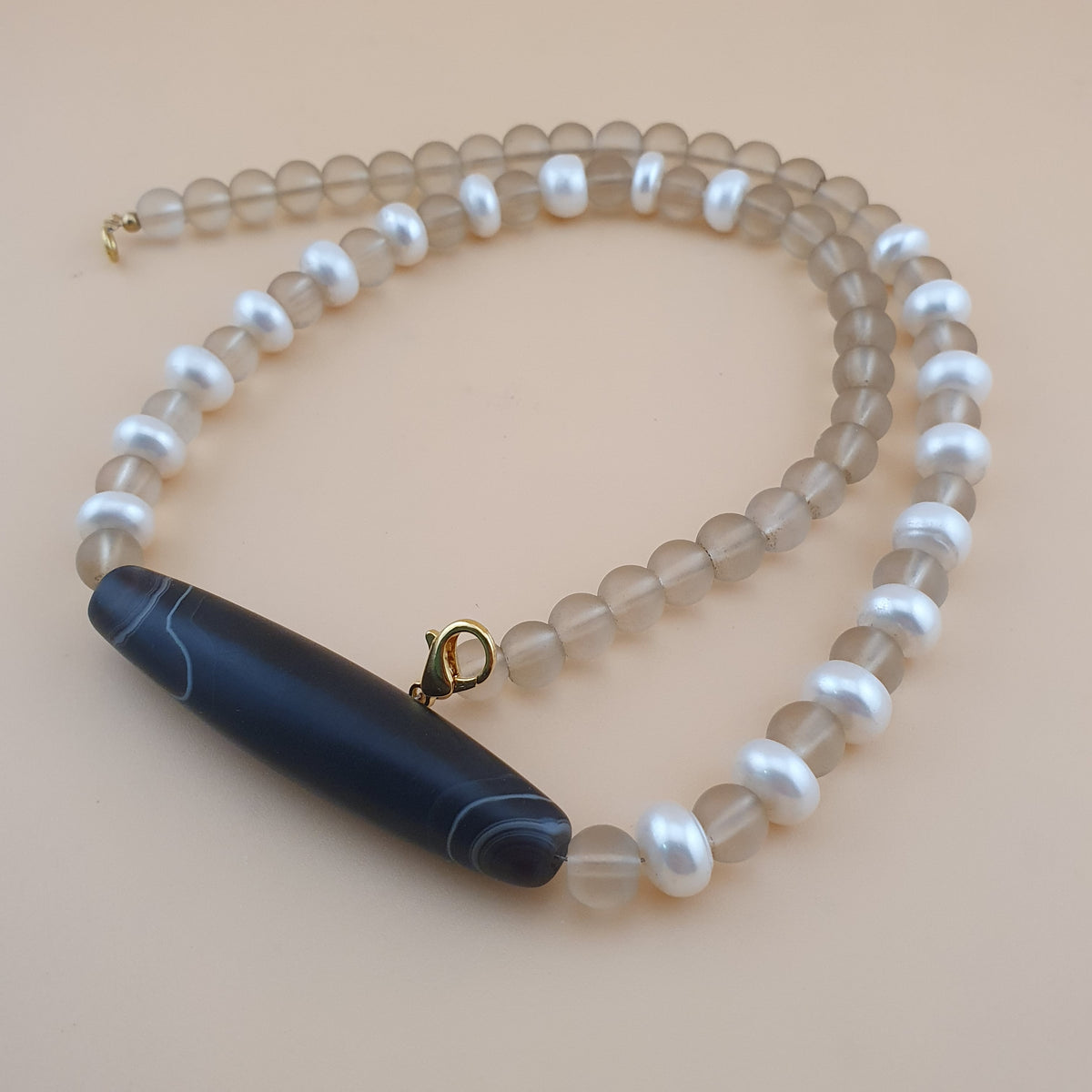 Vintage Himalayan Quartz & Authentic Pearls Necklace with Natural Eye Agate Pendant Necklace