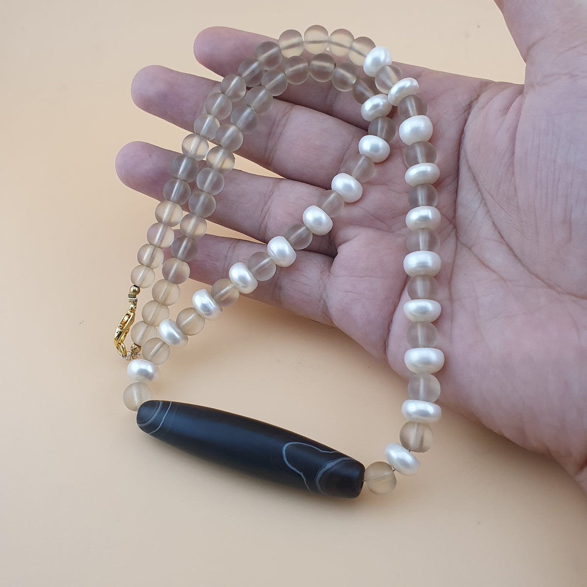 Vintage Himalayan Quartz & Authentic Pearls Necklace with Natural Eye Agate Pendant Necklace