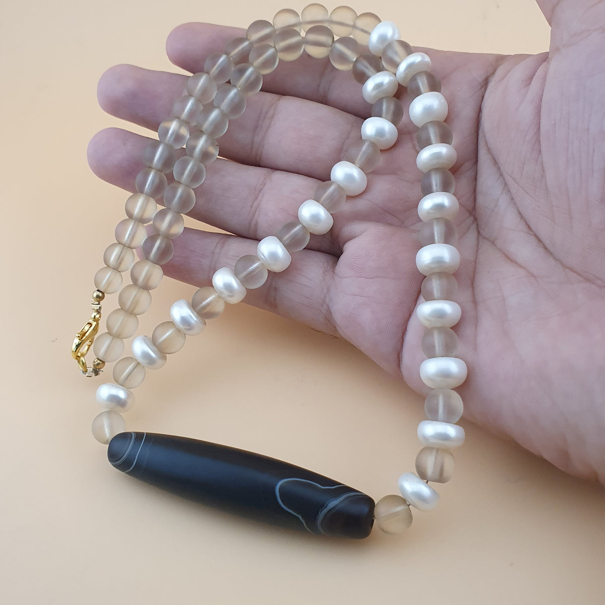 Vintage Himalayan Quartz & Authentic Pearls Necklace with Natural Eye Agate Pendant Necklace