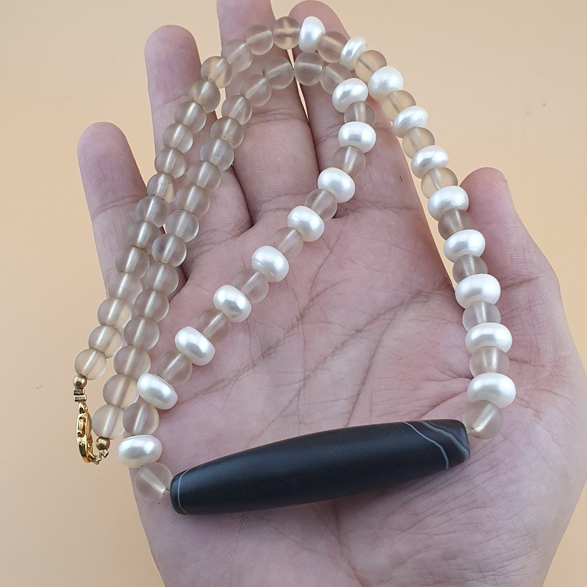 Vintage Himalayan Quartz & Authentic Pearls Necklace with Natural Eye Agate Pendant Necklace