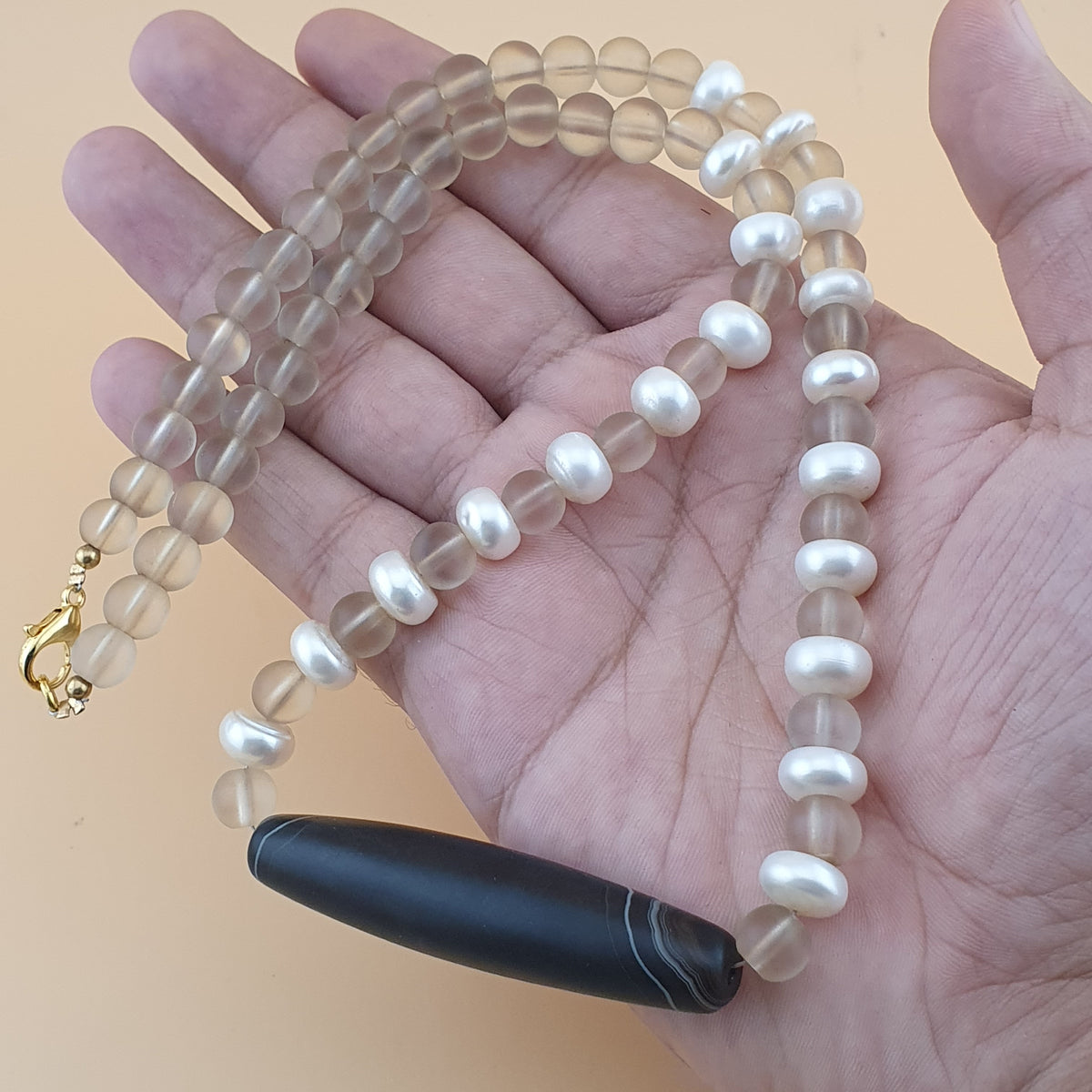 Vintage Himalayan Quartz & Authentic Pearls Necklace with Natural Eye Agate Pendant Necklace