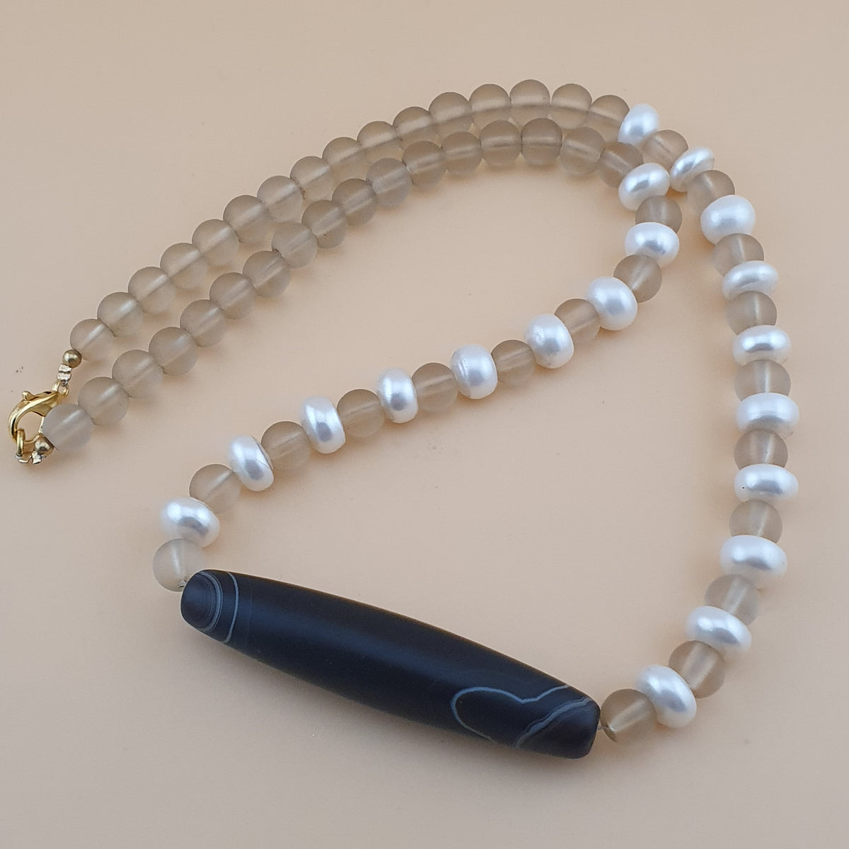 Vintage Himalayan Quartz & Authentic Pearls Necklace with Natural Eye Agate Pendant Necklace