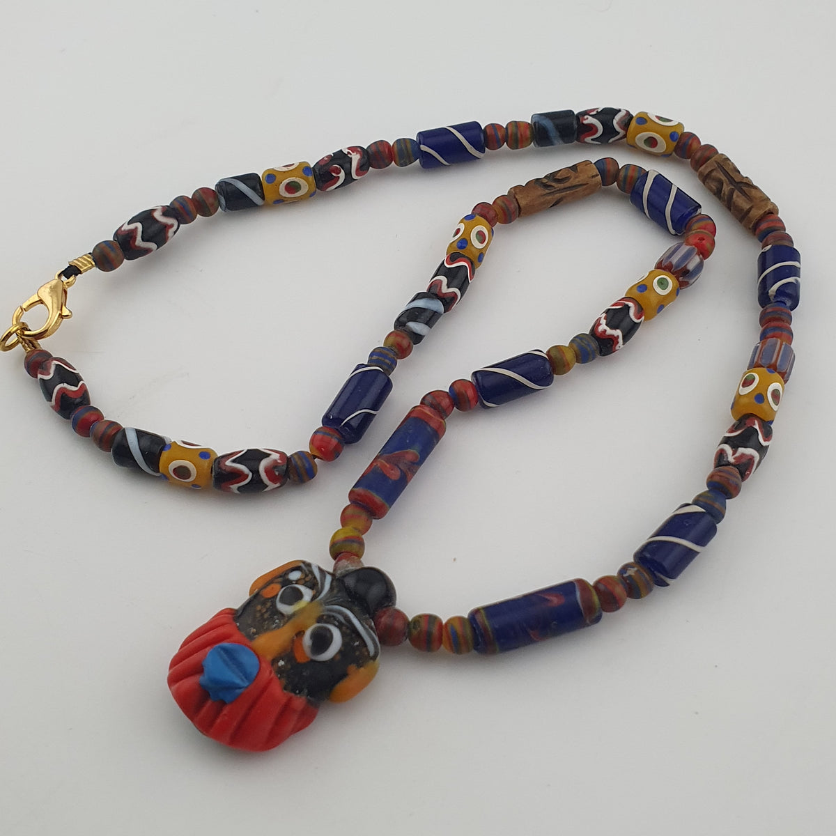 Vintage Venetian Style Mix Glass Beads With Old Face Glass Pendant Necklace