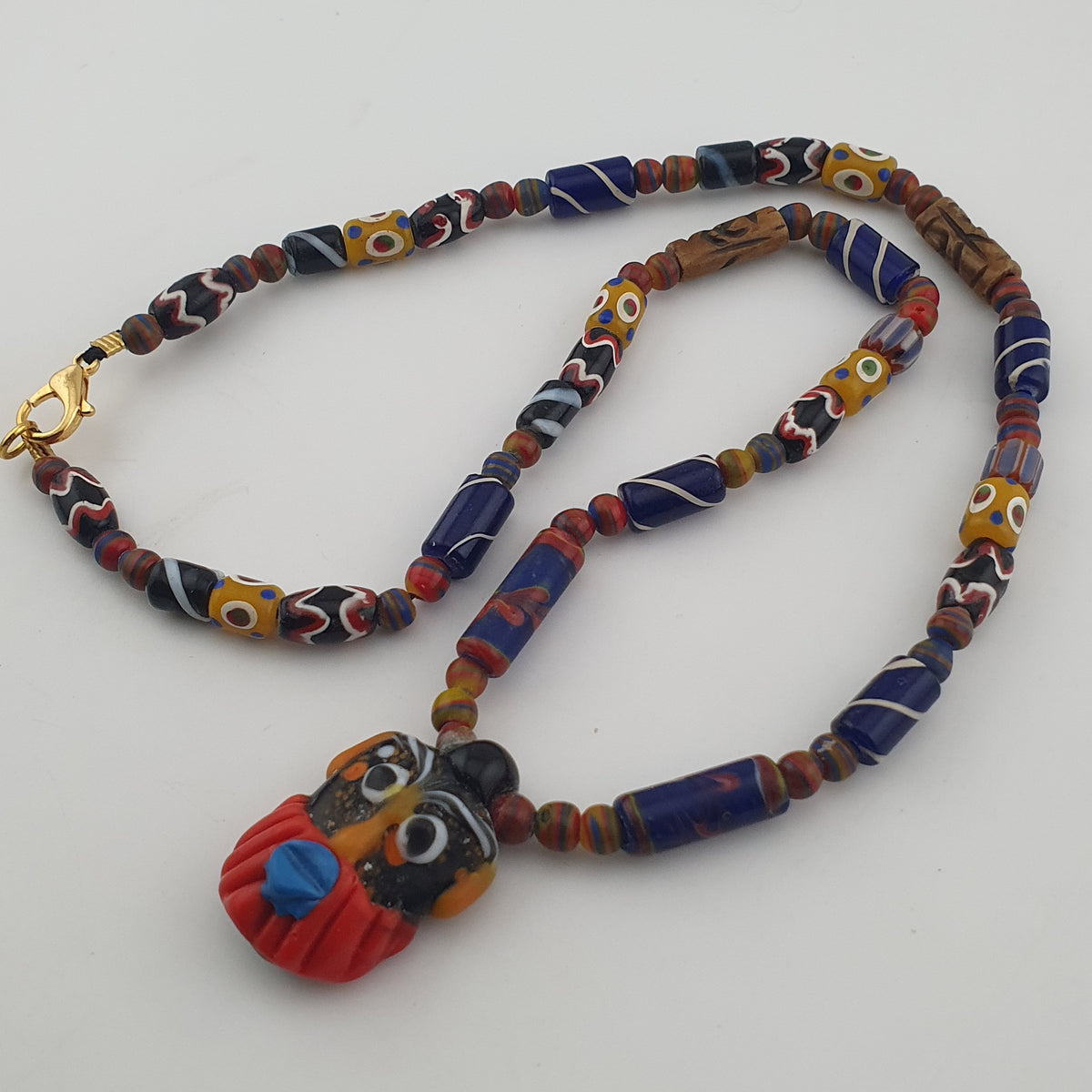 Vintage Venetian Style Mix Glass Beads With Old Face Glass Pendant Necklace
