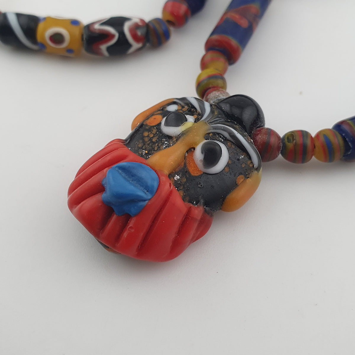 Vintage Venetian Style Mix Glass Beads With Old Face Glass Pendant Necklace