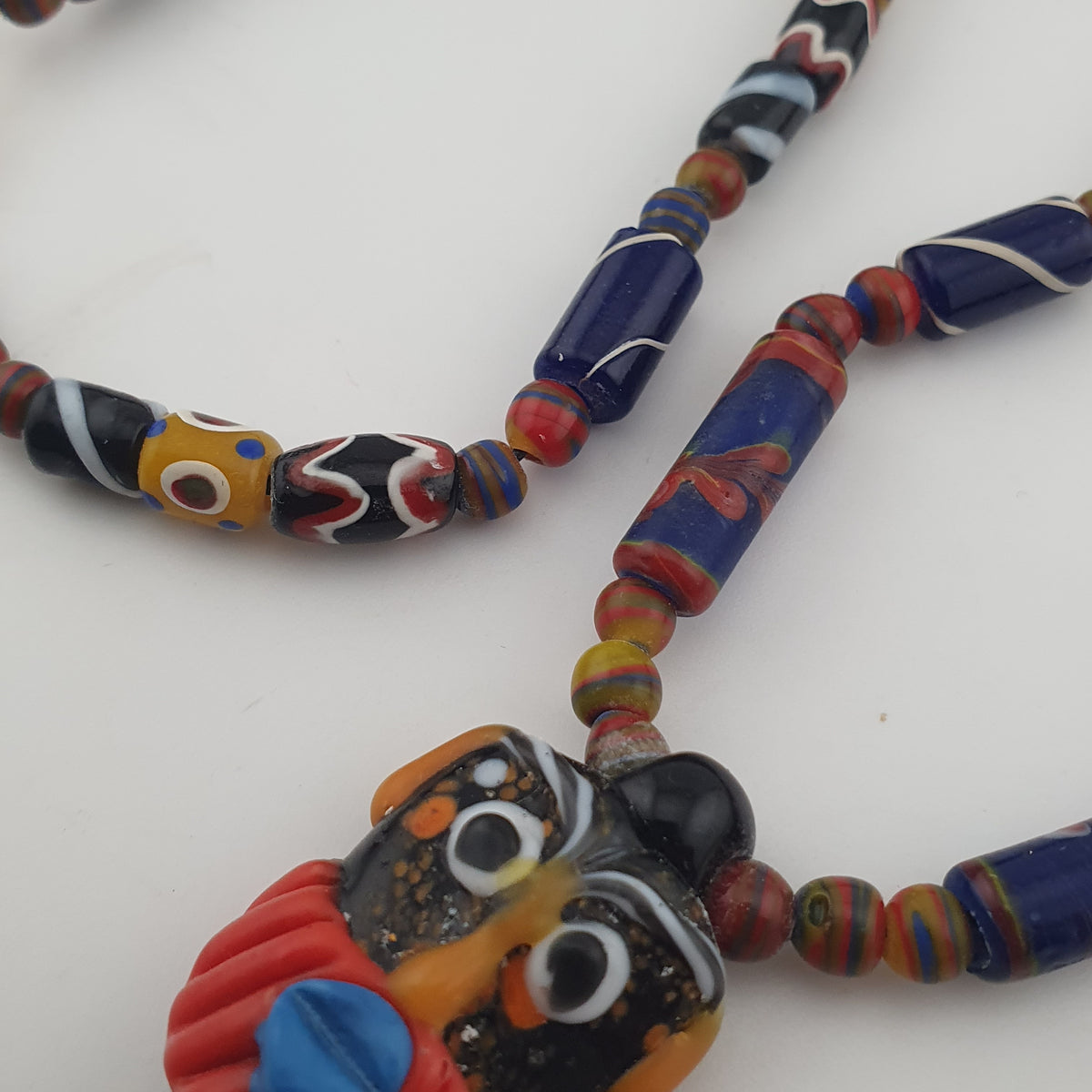 Vintage Venetian Style Mix Glass Beads With Old Face Glass Pendant Necklace