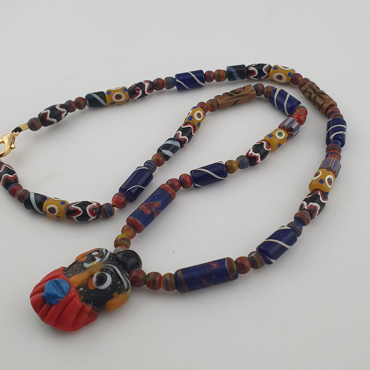 Vintage Venetian Style Mix Glass Beads With Old Face Glass Pendant Necklace