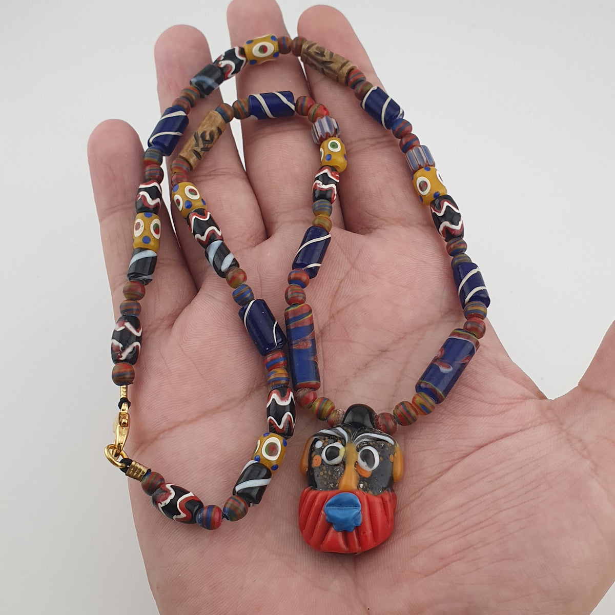 Vintage Venetian Style Mix Glass Beads With Old Face Glass Pendant Necklace