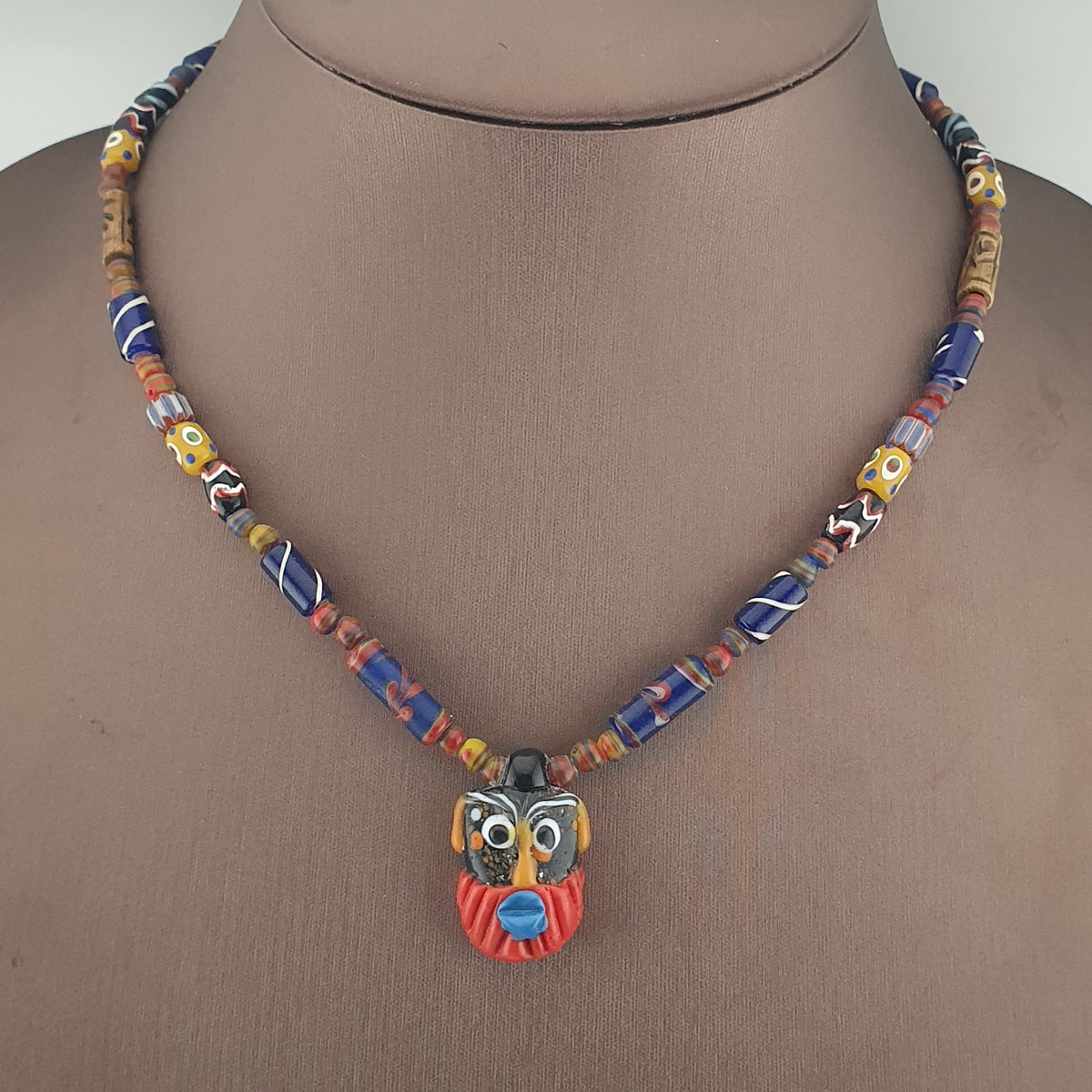 Vintage Venetian Style Mix Glass Beads With Old Face Glass Pendant Necklace