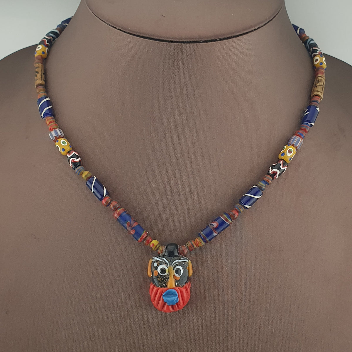 Vintage Venetian Style Mix Glass Beads With Old Face Glass Pendant Necklace