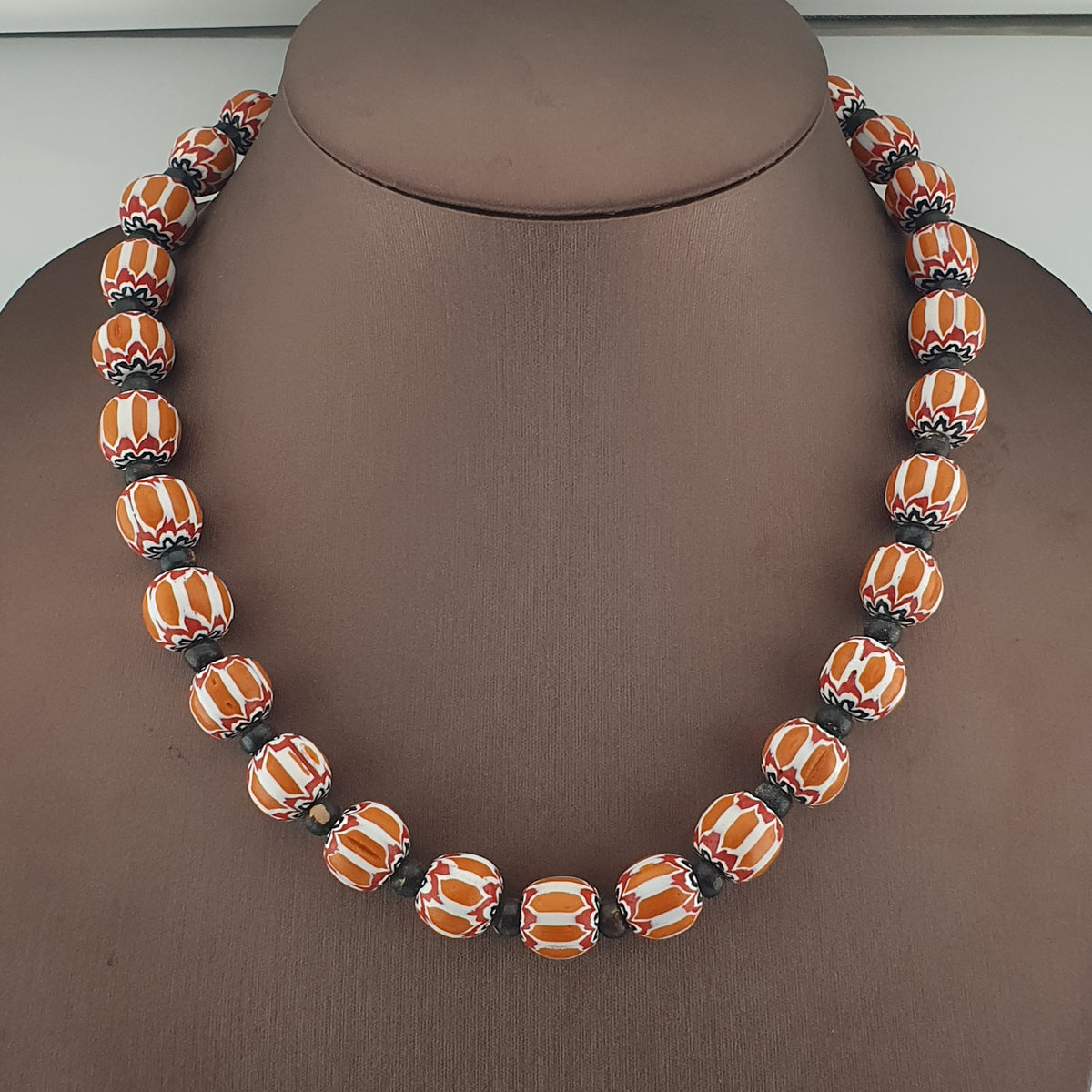 Vintage Venetian Style Chevron Glass & Bone Beads Necklace