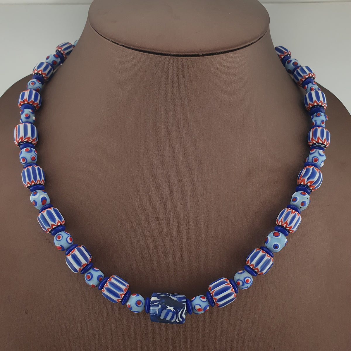 Vintage Venetian Style Chevron & Skunk Glass Beads Necklace
