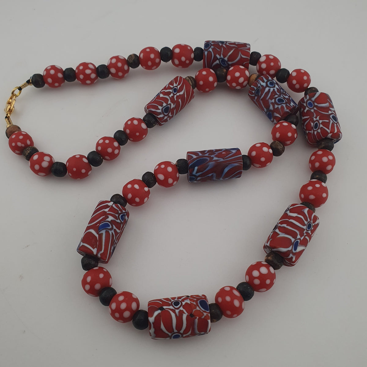 Vintage Venetian Style Dotted Red Glass & Cyliner Shape Gabri Eyes Glass Beads Necklace