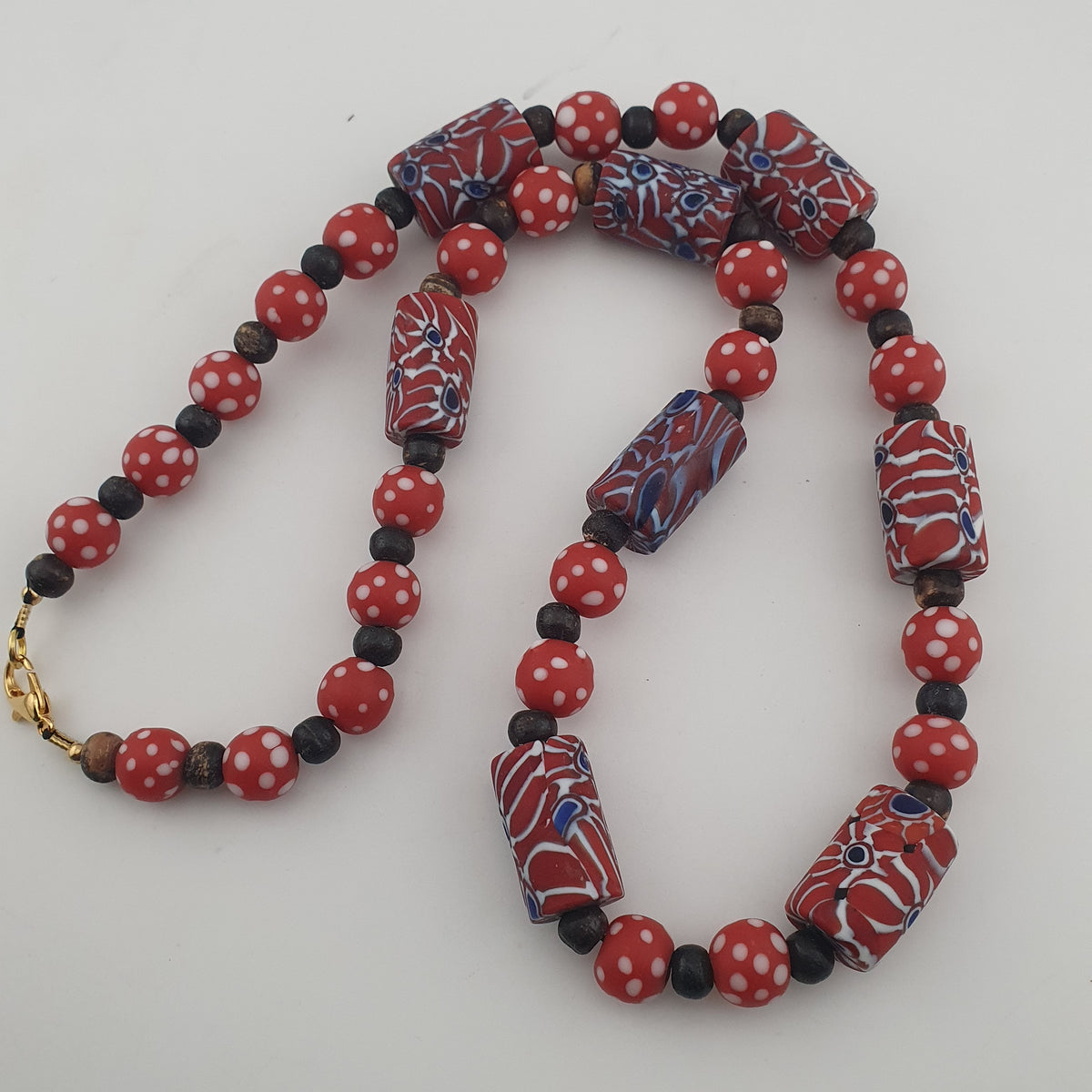 Vintage Venetian Style Dotted Red Glass & Cyliner Shape Gabri Eyes Glass Beads Necklace