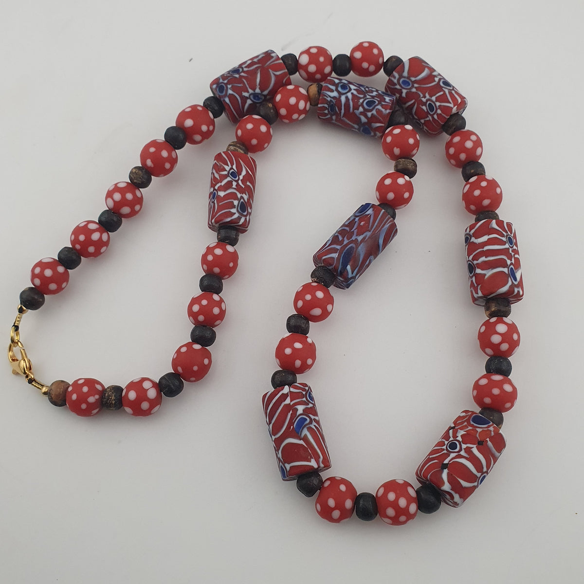 Vintage Venetian Style Dotted Red Glass & Cyliner Shape Gabri Eyes Glass Beads Necklace