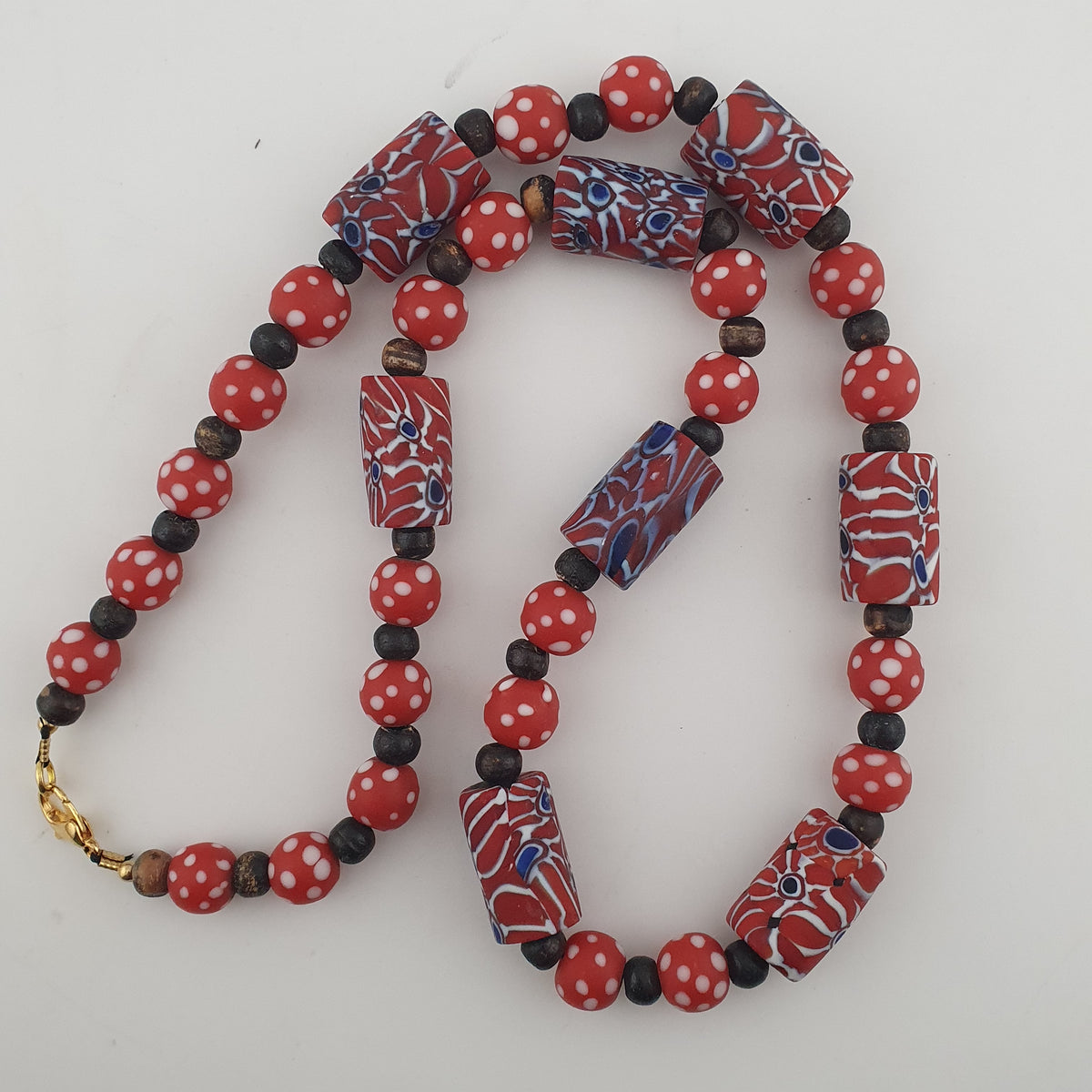 Vintage Venetian Style Dotted Red Glass & Cyliner Shape Gabri Eyes Glass Beads Necklace
