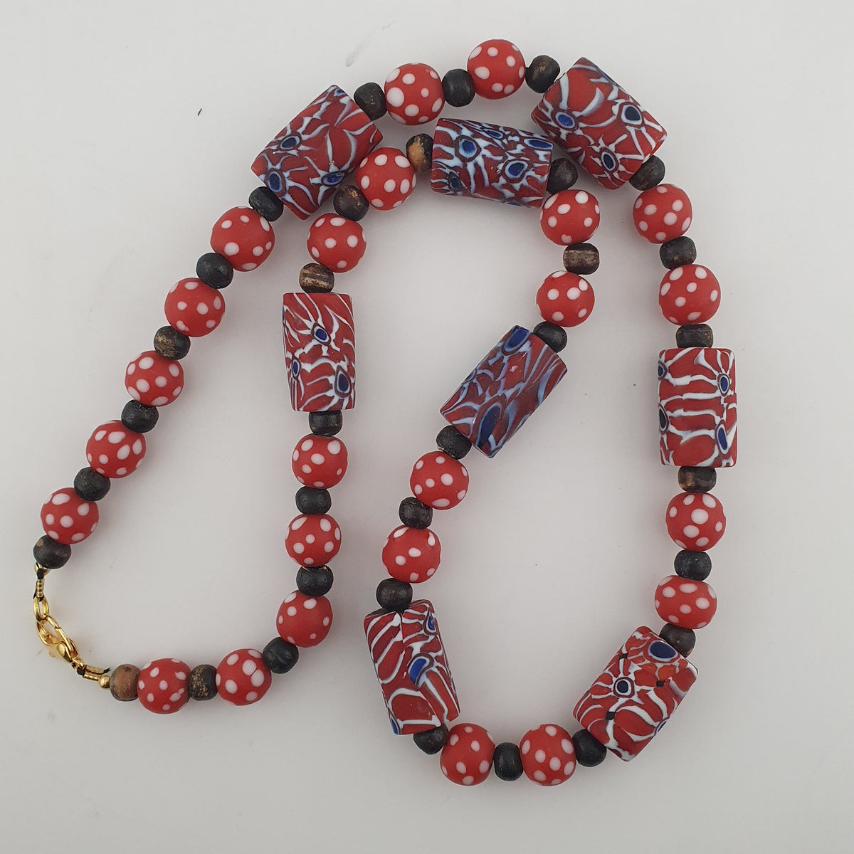 Vintage Venetian Style Dotted Red Glass & Cyliner Shape Gabri Eyes Glass Beads Necklace