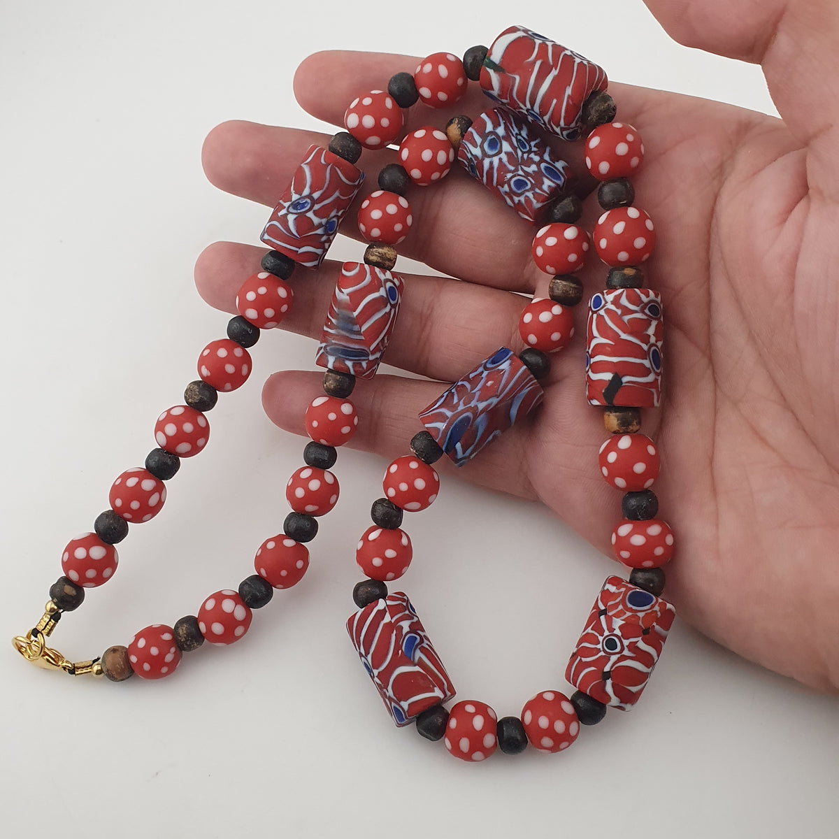 Vintage Venetian Style Dotted Red Glass & Cyliner Shape Gabri Eyes Glass Beads Necklace