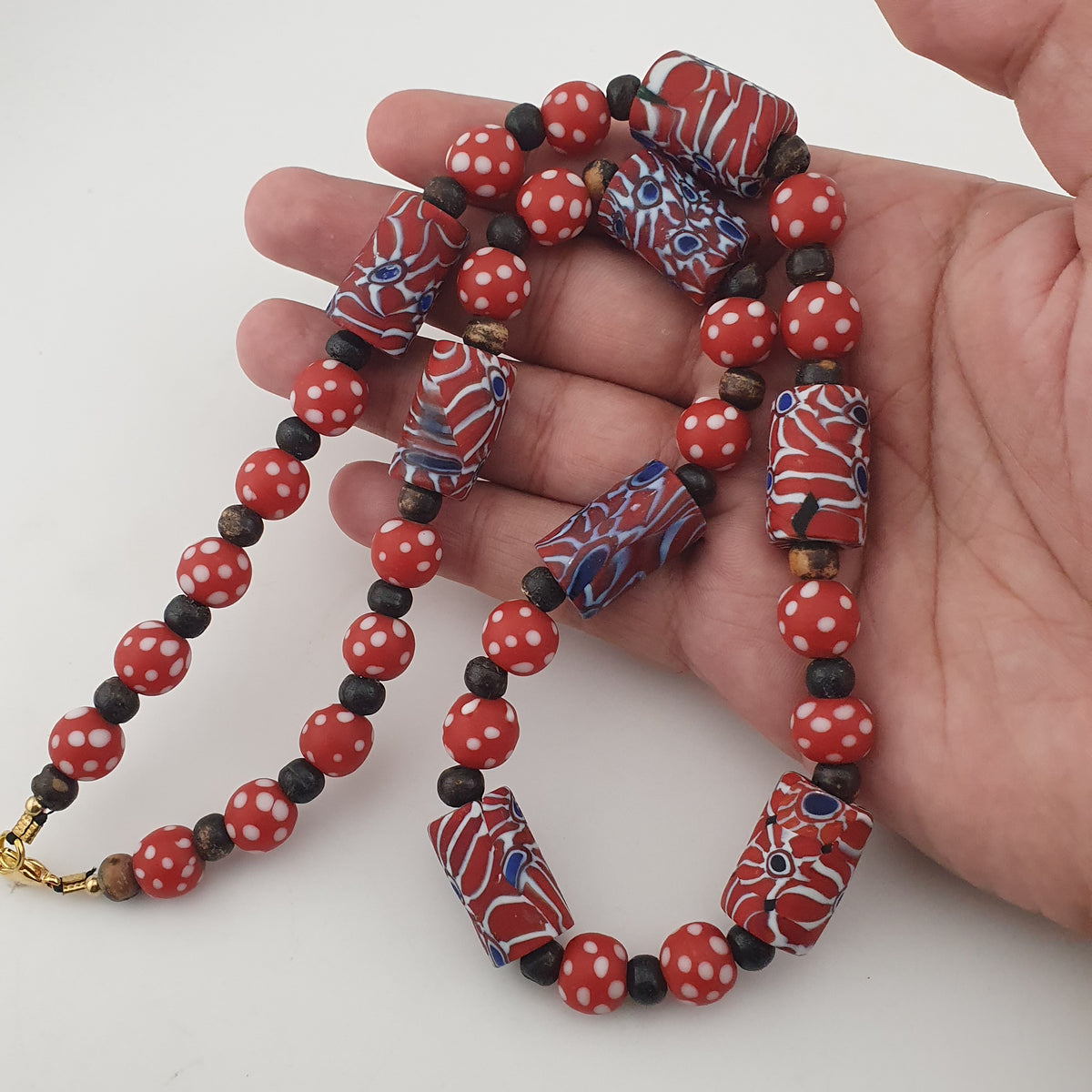 Vintage Venetian Style Dotted Red Glass & Cyliner Shape Gabri Eyes Glass Beads Necklace