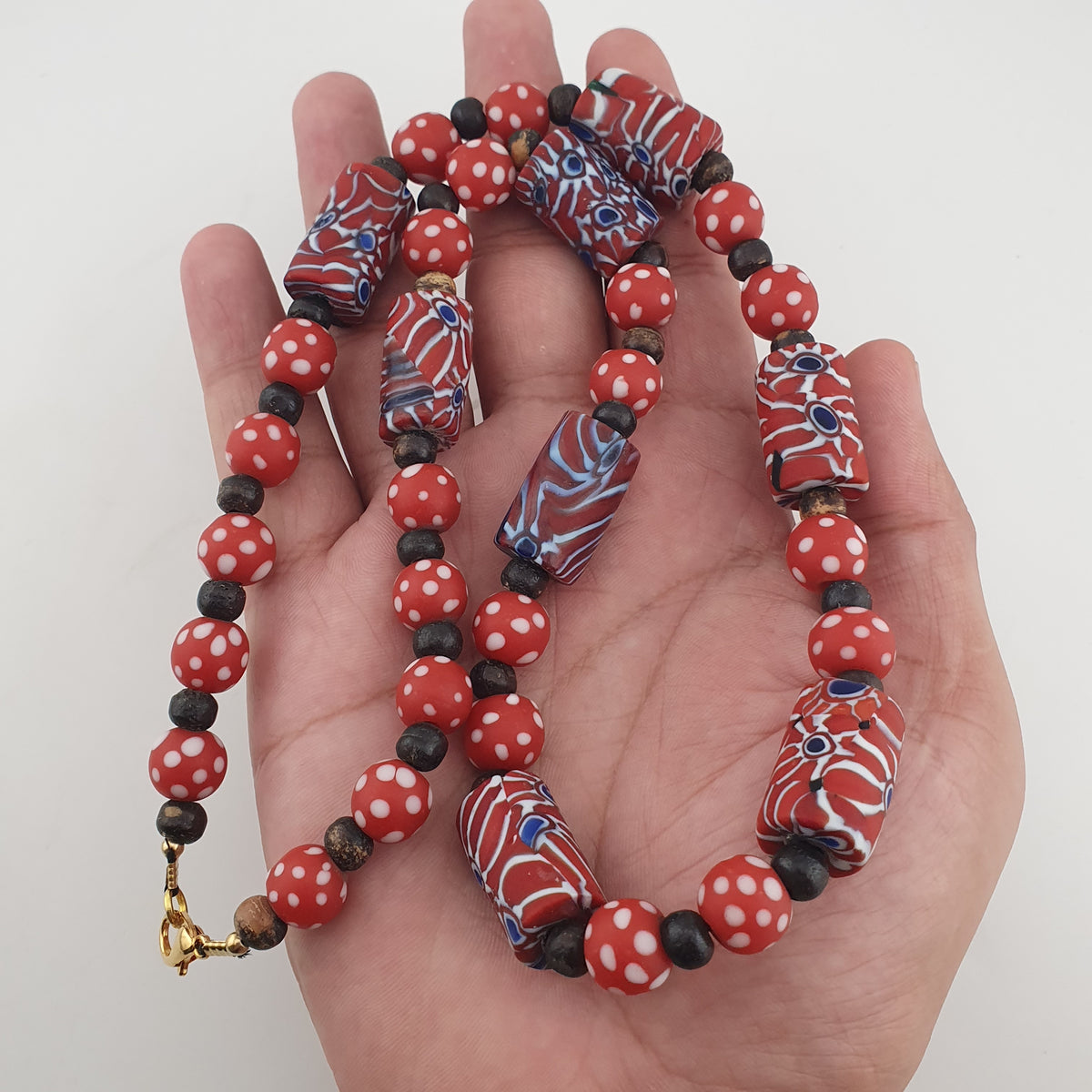 Vintage Venetian Style Dotted Red Glass & Cyliner Shape Gabri Eyes Glass Beads Necklace