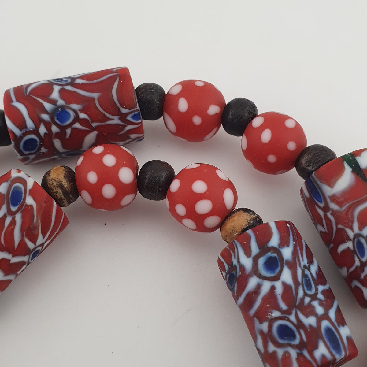 Vintage Venetian Style Dotted Red Glass & Cyliner Shape Gabri Eyes Glass Beads Necklace