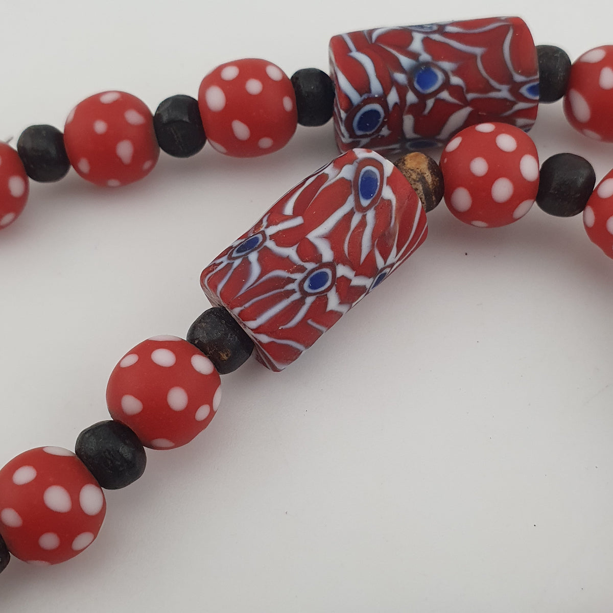 Vintage Venetian Style Dotted Red Glass & Cyliner Shape Gabri Eyes Glass Beads Necklace