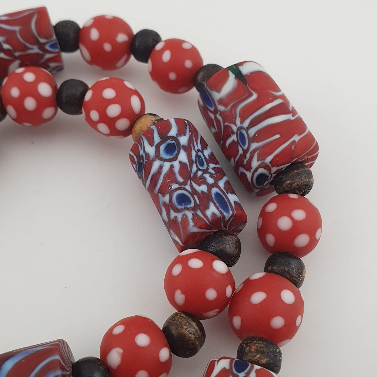 Vintage Venetian Style Dotted Red Glass & Cyliner Shape Gabri Eyes Glass Beads Necklace