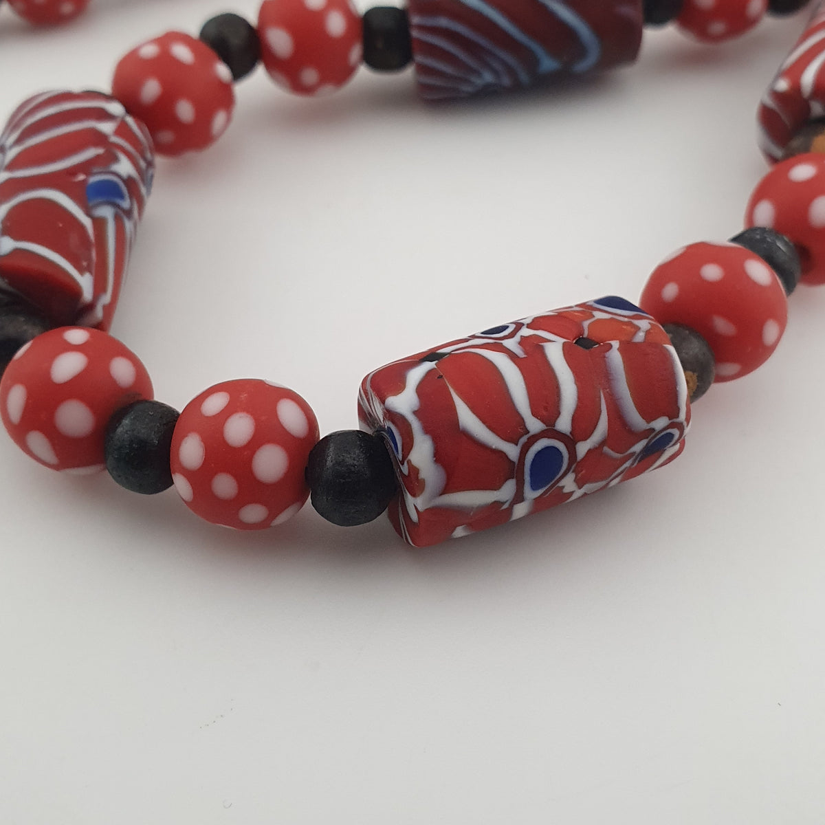 Vintage Venetian Style Dotted Red Glass & Cyliner Shape Gabri Eyes Glass Beads Necklace