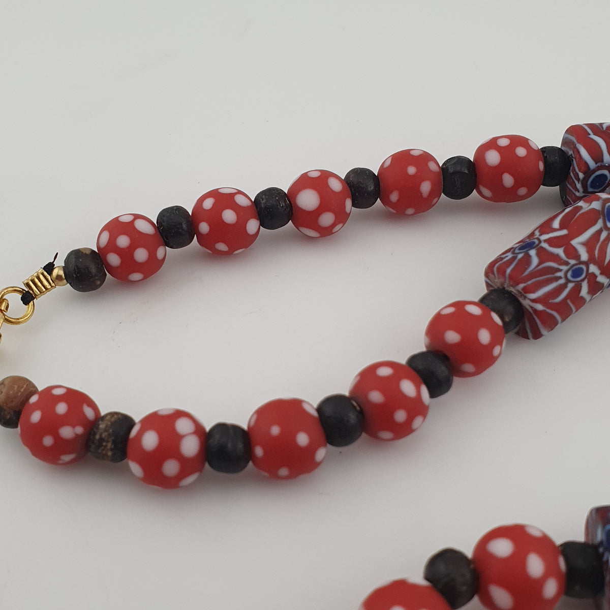 Vintage Venetian Style Dotted Red Glass & Cyliner Shape Gabri Eyes Glass Beads Necklace