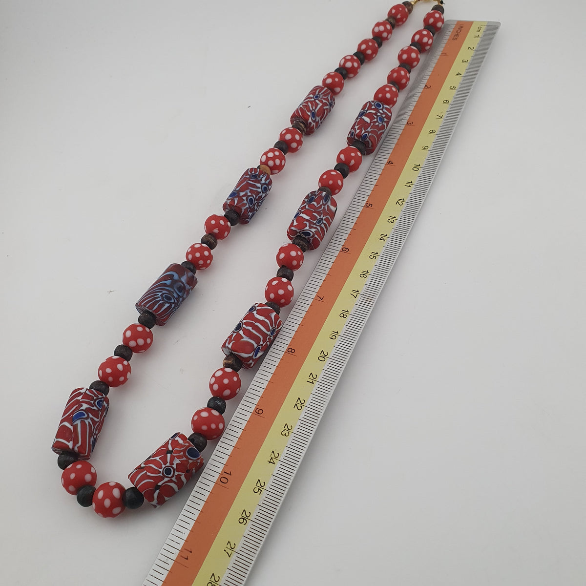 Vintage Venetian Style Dotted Red Glass & Cyliner Shape Gabri Eyes Glass Beads Necklace