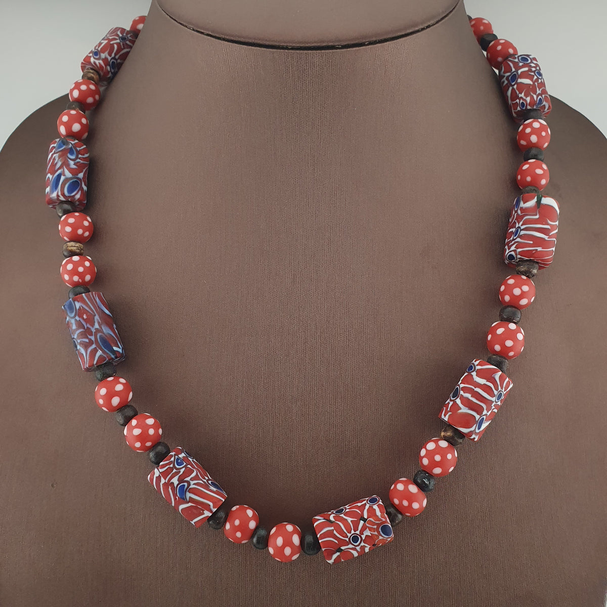 Vintage Venetian Style Dotted Red Glass & Cyliner Shape Gabri Eyes Glass Beads Necklace