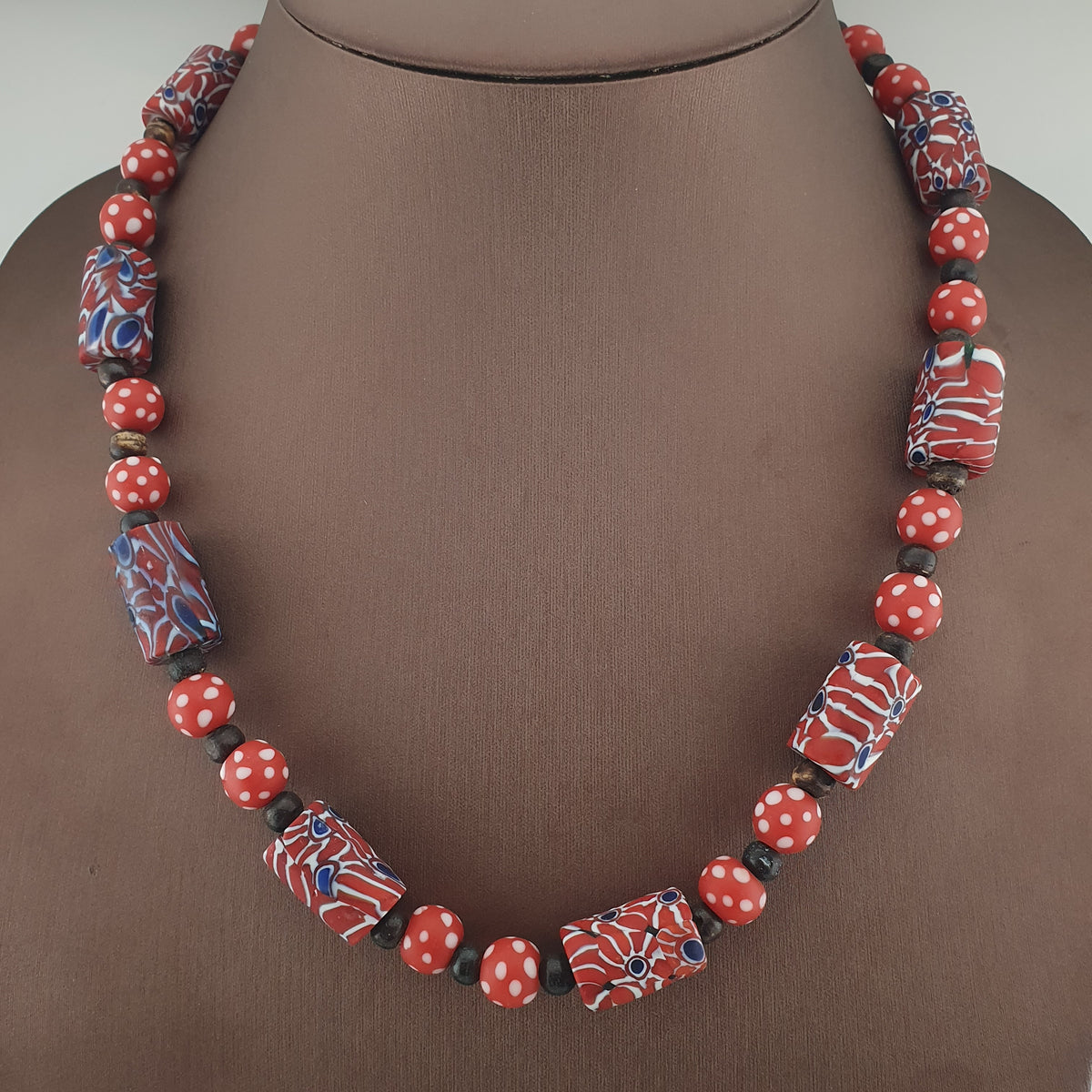 Vintage Venetian Style Dotted Red Glass & Cyliner Shape Gabri Eyes Glass Beads Necklace